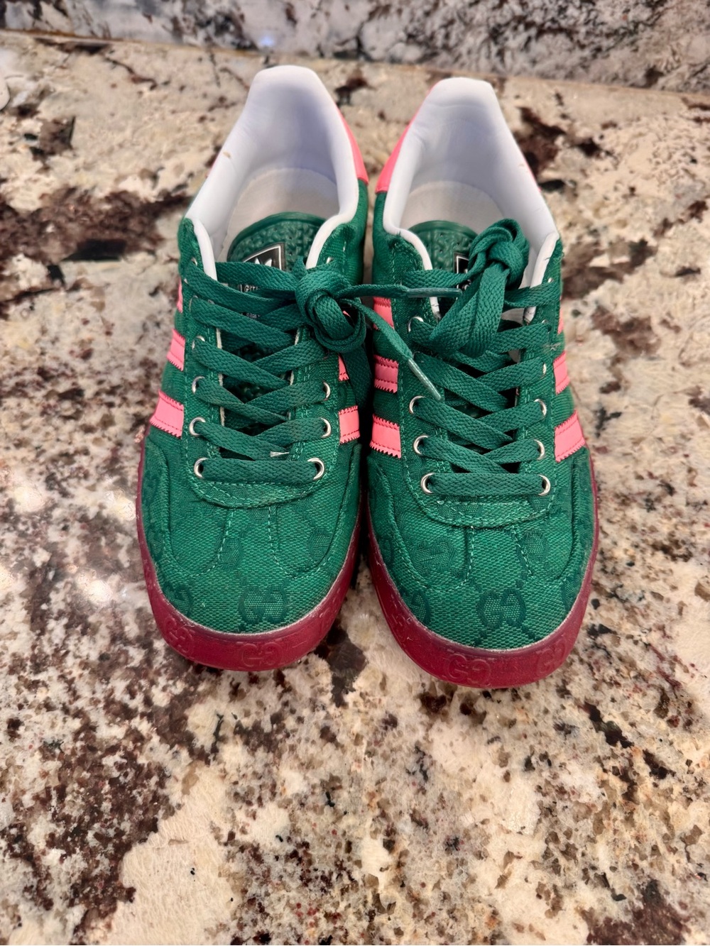 Gucci X Adidas Green Sneakers with Pink Stripes and Red Soles